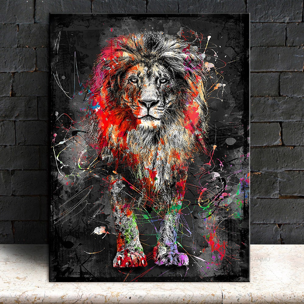 ▷ Tableau de style abstrait avec un lion majestueux